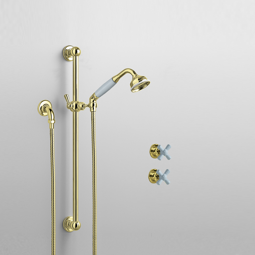 Rockwell shower layout RW3 with rail shower & crosshead shower taps with colour options