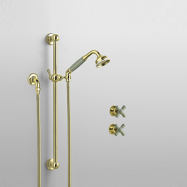 Rockwell shower layout RW3 with rail shower & crosshead shower taps with colour options