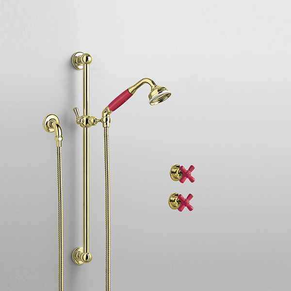 Rockwell shower layout RW3 with rail shower & crosshead shower taps with colour options