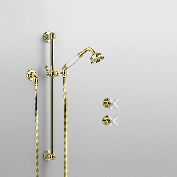 Rockwell shower layout RW3 with rail shower & crosshead shower taps with colour options