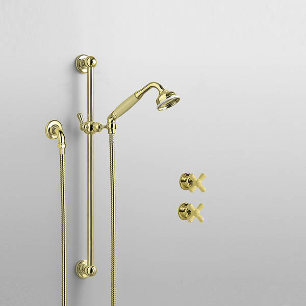 Rockwell shower layout RW3 with rail shower & crosshead shower taps with colour options