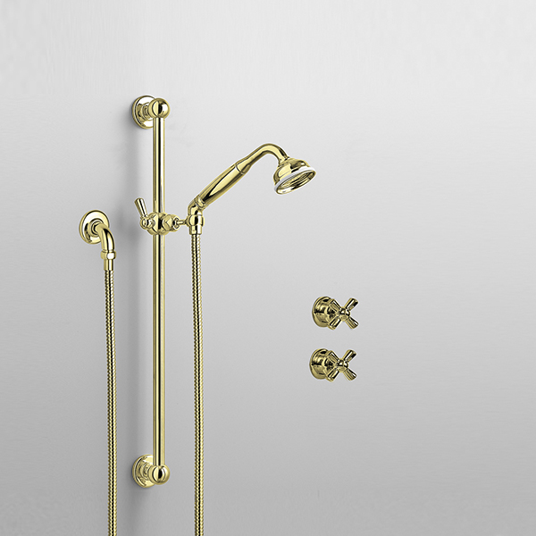 Rockwell shower layout RW3 with rail shower & crosshead shower taps with colour options