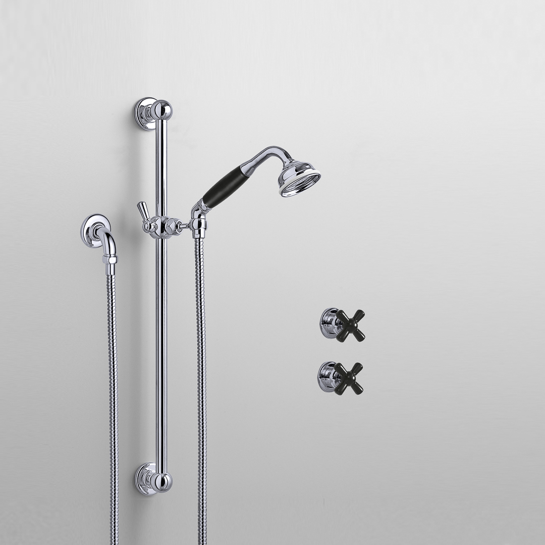 Rockwell shower layout RW3 with rail shower & crosshead shower taps with colour options