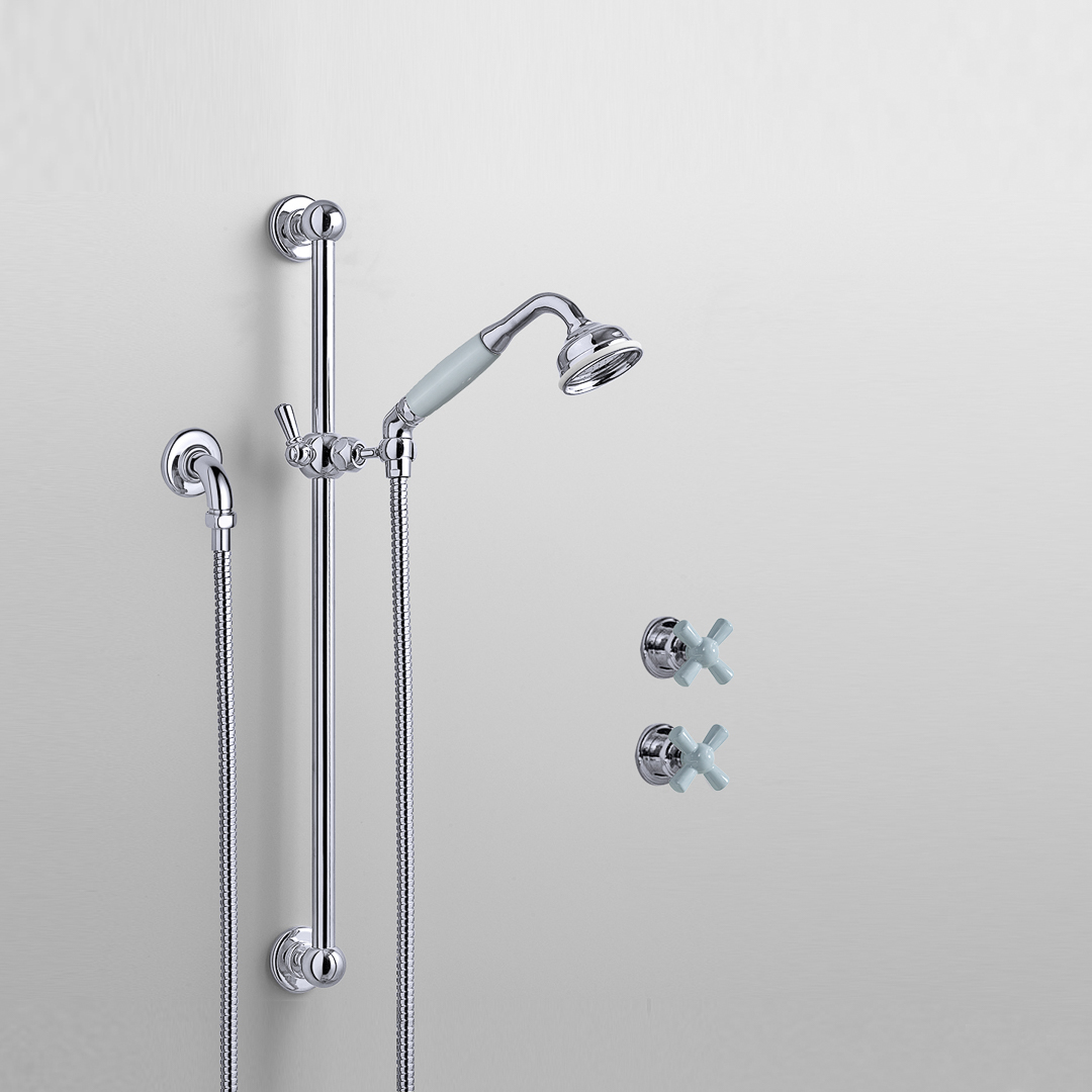 Rockwell shower layout RW3 with rail shower & crosshead shower taps with colour options