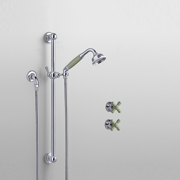 Rockwell shower layout RW3 with rail shower & crosshead shower taps with colour options