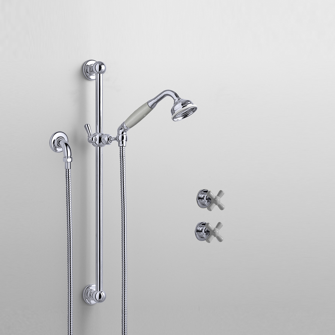 Rockwell shower layout RW3 with rail shower & crosshead shower taps with colour options