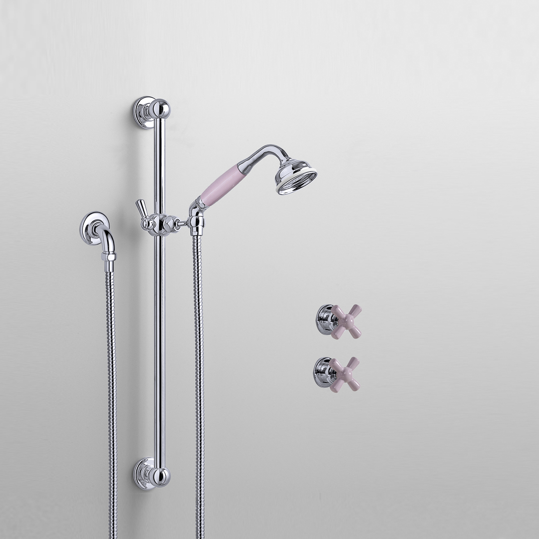 Rockwell shower layout RW3 with rail shower & crosshead shower taps with colour options