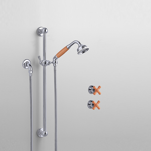 Rockwell shower layout RW3 with rail shower & crosshead shower taps with colour options