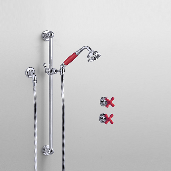 Rockwell shower layout RW3 with rail shower & crosshead shower taps with colour options