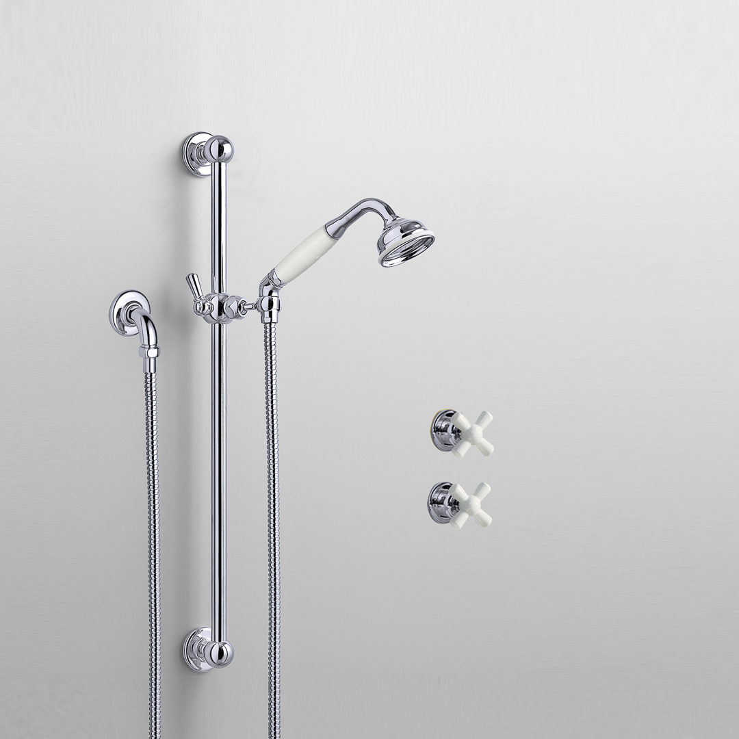 Rockwell shower layout RW3 with rail shower & crosshead shower taps with colour options