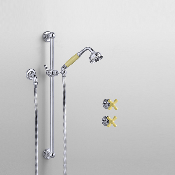 Rockwell shower layout RW3 with rail shower & crosshead shower taps with colour options