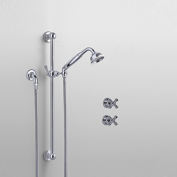 Rockwell shower layout RW3 with rail shower & crosshead shower taps with colour options