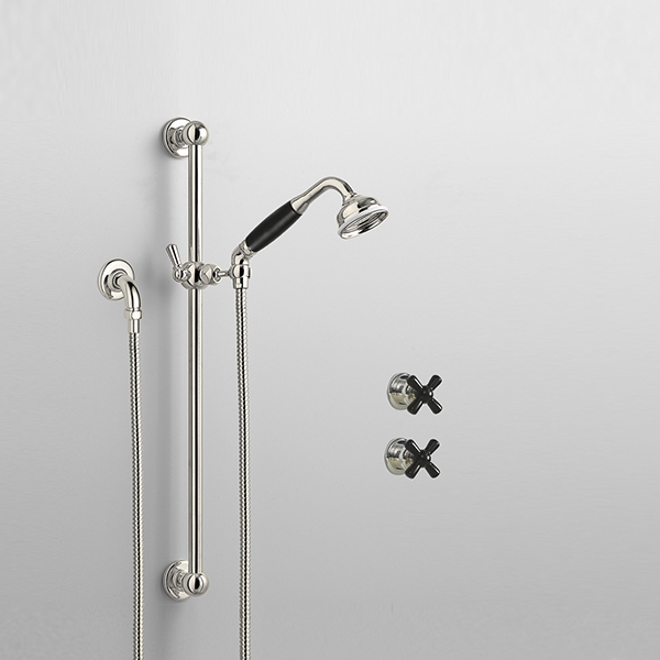 Rockwell shower layout RW3 with rail shower & crosshead shower taps with colour options