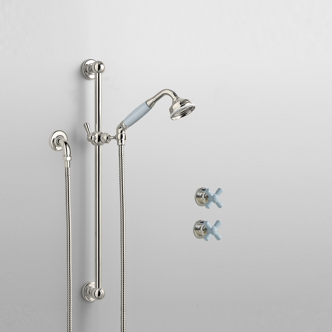 Rockwell shower layout RW3 with rail shower & crosshead shower taps with colour options