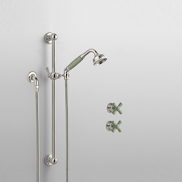 Rockwell shower layout RW3 with rail shower & crosshead shower taps with colour options