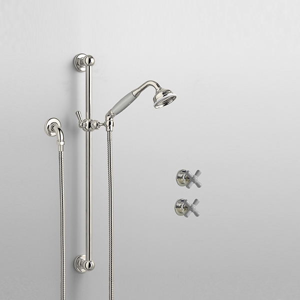 Rockwell shower layout RW3 with rail shower & crosshead shower taps with colour options