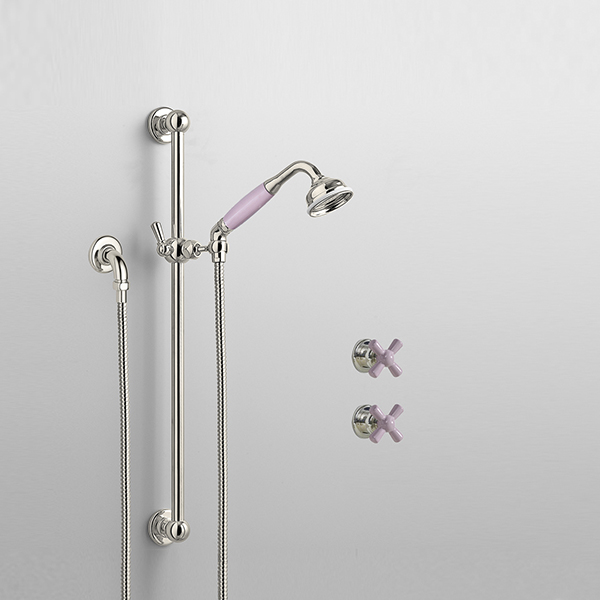 Rockwell shower layout RW3 with rail shower & crosshead shower taps with colour options