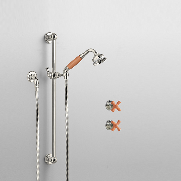 Rockwell shower layout RW3 with rail shower & crosshead shower taps with colour options