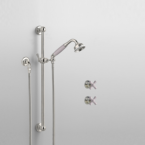 Rockwell shower layout RW3 with rail shower & crosshead shower taps with colour options