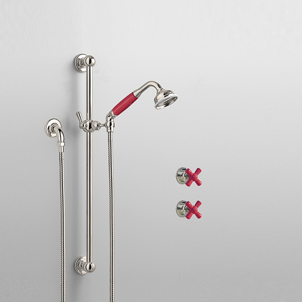 Rockwell shower layout RW3 with rail shower & crosshead shower taps with colour options