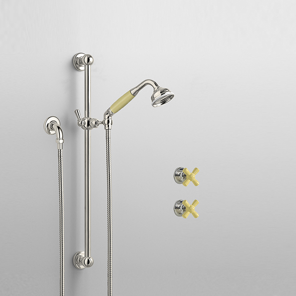 Rockwell shower layout RW3 with rail shower & crosshead shower taps with colour options