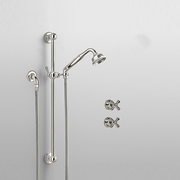 Rockwell shower layout RW3 with rail shower & crosshead shower taps with colour options