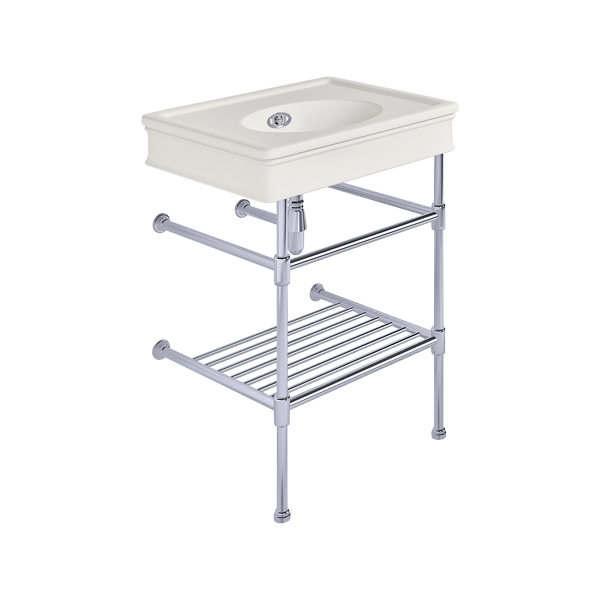 Lonsdale 650mm medium basin on basin stand with shelf