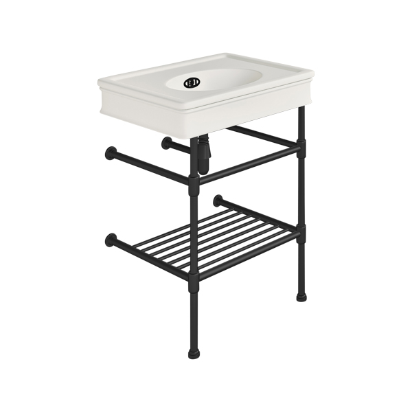 Lonsdale 650mm medium basin on basin stand with shelf