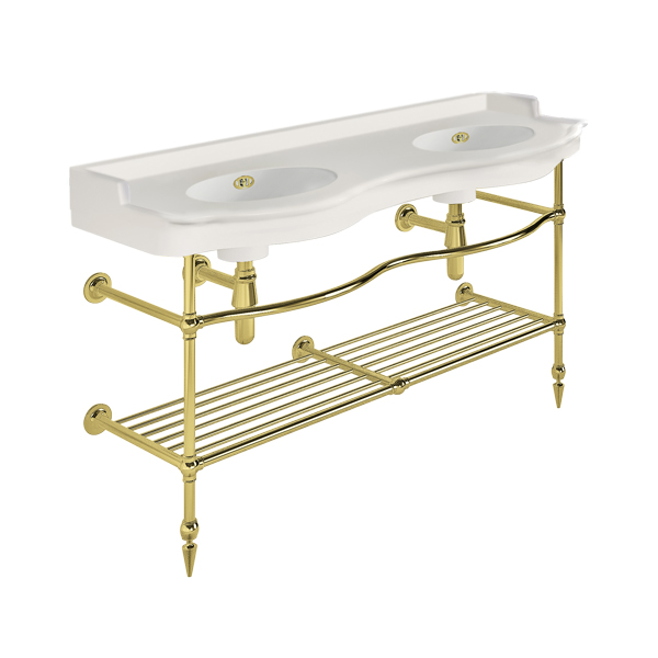 Paris 1410mm double on two leg basin stand with shelf. Zero, one or three tap holes.