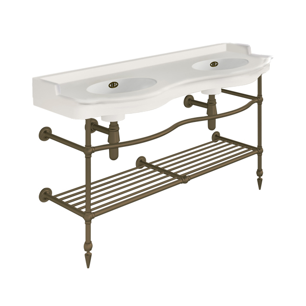 Paris 1410mm double on two leg basin stand with shelf. Zero, one or three tap holes.
