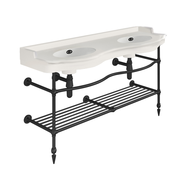 Paris 1410mm double on two leg basin stand with shelf. Zero, one or three tap holes.