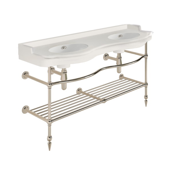 Paris 1410mm double on two leg basin stand with shelf. Zero, one or three tap holes.
