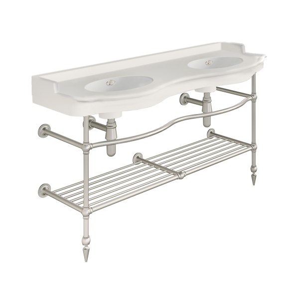 Paris 1410mm double on two leg basin stand with shelf. Zero, one or three tap holes.