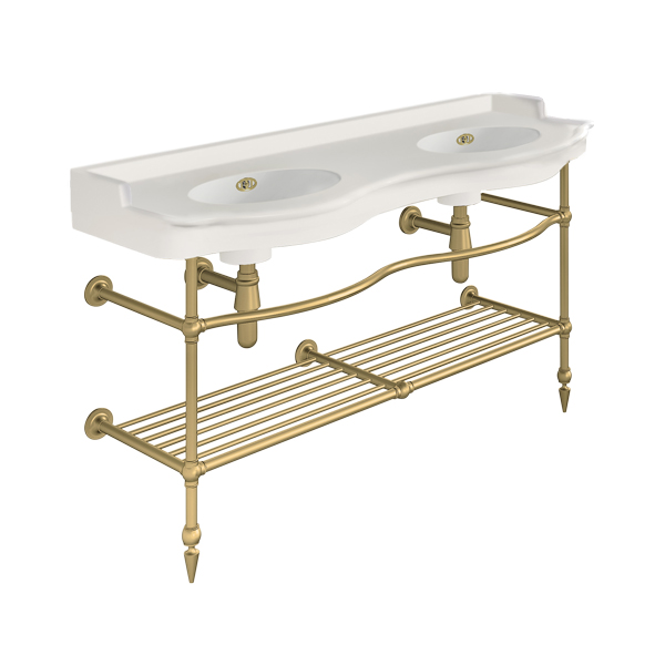Paris 1410mm double on two leg basin stand with shelf. Zero, one or three tap holes.
