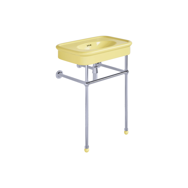 Rockwell 610mm Sherbet Yellow basin on basin stand. Zero, one or three tap holes.