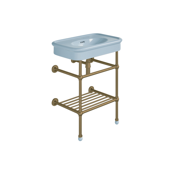 Rockwell 610mm Powder Blue basin on basin stand with shelf. Zero, one or three tap holes.