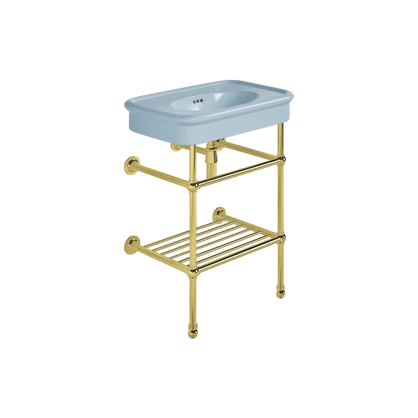 Rockwell 610mm Powder Blue basin on basin stand with shelf. Zero, one or three tap holes.