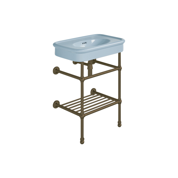 Rockwell 610mm Powder Blue basin on basin stand with shelf. Zero, one or three tap holes.