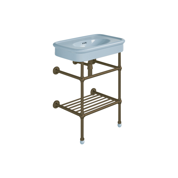 Rockwell 610mm Powder Blue basin on basin stand with shelf. Zero, one or three tap holes.