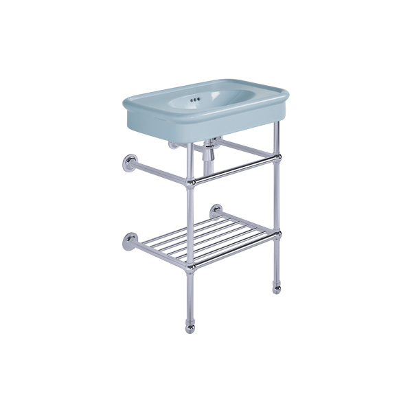 Rockwell 610mm Powder Blue basin on basin stand with shelf. Zero, one or three tap holes.