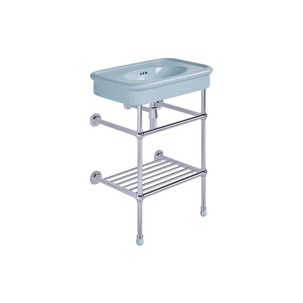 Rockwell 610mm Powder Blue basin on basin stand with shelf. Zero, one or three tap holes.