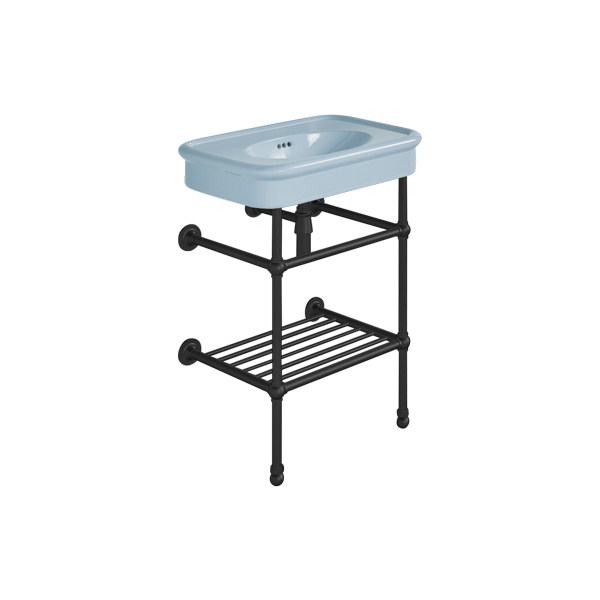 Rockwell 610mm Powder Blue basin on basin stand with shelf. Zero, one or three tap holes.