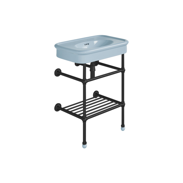 Rockwell 610mm Powder Blue basin on basin stand with shelf. Zero, one or three tap holes.