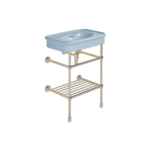 Rockwell 610mm Powder Blue basin on basin stand with shelf. Zero, one or three tap holes.