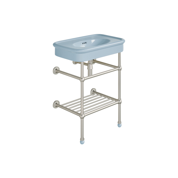 Rockwell 610mm Powder Blue basin on basin stand with shelf. Zero, one or three tap holes.