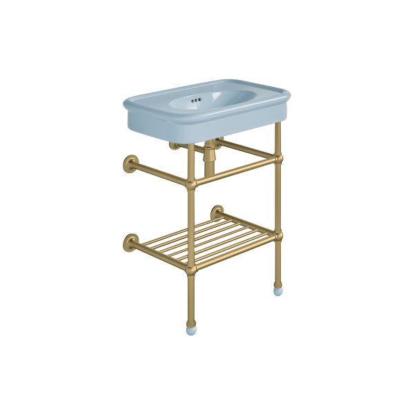 Rockwell 610mm Powder Blue basin on basin stand with shelf. Zero, one or three tap holes.