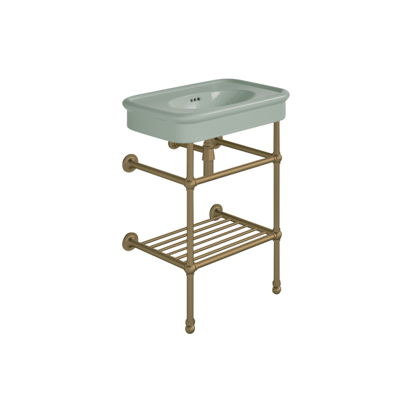 Rockwell 610mm Willow Green basin on basin stand with shelf. Zero, one or three tap holes.
