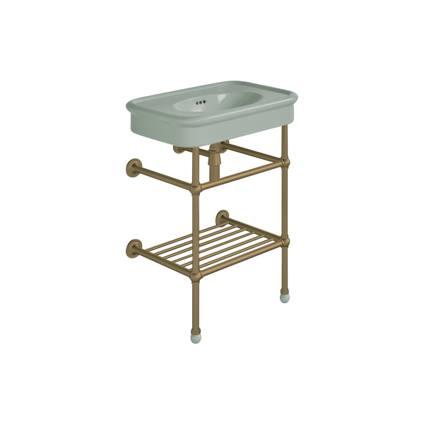 Rockwell 610mm Willow Green basin on basin stand with shelf. Zero, one or three tap holes.