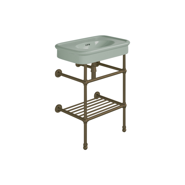 Rockwell 610mm Willow Green basin on basin stand with shelf. Zero, one or three tap holes.