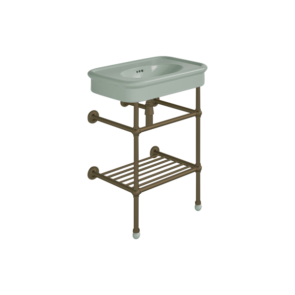 Rockwell 610mm Willow Green basin on basin stand with shelf. Zero, one or three tap holes.